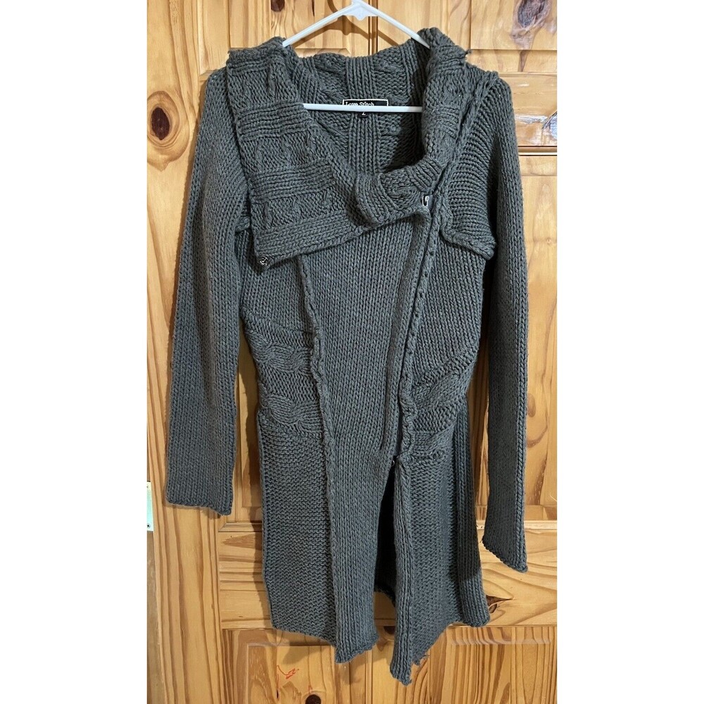 LOVESTITCH Sweater Womens Large Chunky Cable Knit Gray Side Zip Mock Neck Boho